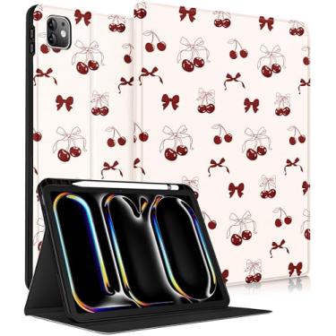 Imagem de Wazzasoft for iPad Pro 11 Inch Case M5 2025/M4 2024 - Women Girls Cute Smart Folio Cover (Auto Wake/Sleep) with Build-in Pencil Holder for Apple Tablet Soft TPU Protective Cover,Bow and Cherry