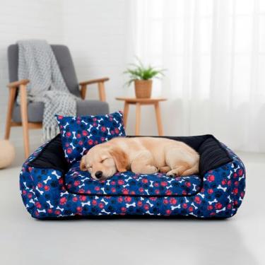 Imagem de Cama Pet Gorgopet para Cães de Grande Porte, Azul Marinho (70x70x15 cm) e tecido Gorgurinho Maquinetado com Fundo Impermeável e Almofadas