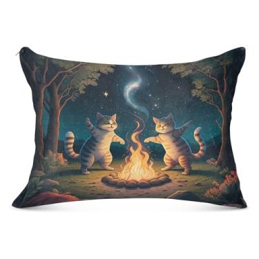 Imagem de Capa de travesseiro de flanela grande com desenho animado de gato estrelado decorativo longo padrão queen king size fronha de cama fofa, tamanho do corpo, 53 cm x 137 cm