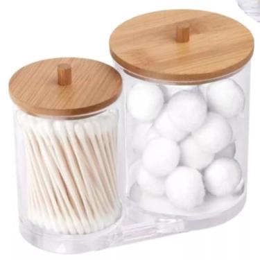 Imagem de Organizador Duplo de Acrílico com Tampa de Bambu, Transparente, para Algodão e Cotonetes, 15,3 x 8,5 x 12,5 cm, Design Minimalista
