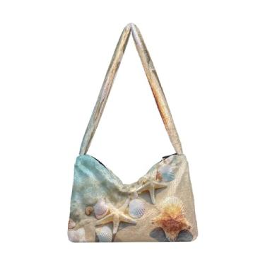 Imagem de Bolsa de ombro feminina floral laranja e amarela em bege, bolsas de ombro com zíper, bolsas de outono, Estrelas e conchas na praia-1, One Size