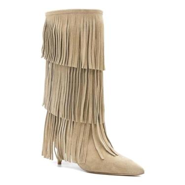 Imagem de MAVMAX Botas de cano alto com franjas de camurça cowgirl borla gatinho bota de cano médio ocidental bico fino para mulheres uso diário outono inverno, Caqui, 37