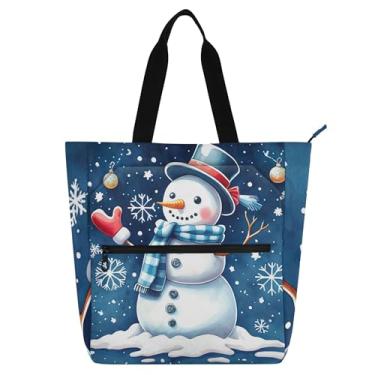 Imagem de GAIGEO Linda bolsa de trabalho azul boneco de neve para mulheres bolsa de lona para livro de praia com zíper bolsa mensageiro com compartimentos