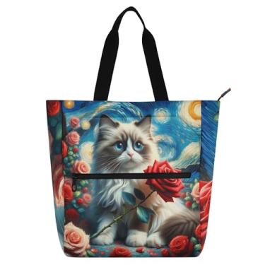 Imagem de Starry Night Cat Rose Flowers Work Bags for Women Tote Canvas Beach Book Tote with Zipper Ladies Kids Handbags Book Lovers Gifts