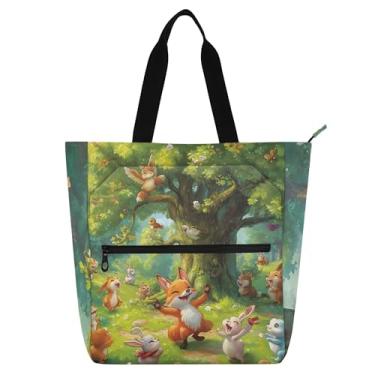 Imagem de GAIGEO Bolsa de trabalho feminina vibrante floresta animal floresta lona praia livro tote com zíper crianças presente bonito para amantes de livros bolsas