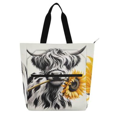 Imagem de GAIGEO Highland Cow Calf Lindas Bolsas de Trabalho para Mulheres Sacola Escolar de Lona com Zíper Bonito Presente Infantil para Amantes de Livros Bolsas