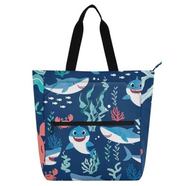 Imagem de GAIGEO Bolsa de lona com zíper de desenho animado com estampa de tubarões para crianças, mulheres, escola, trabalho, viagem, bolsa de lona