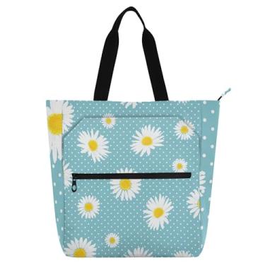 Imagem de GAIGEO Linda bolsa de trabalho azul margarida floral para mulheres bolsa de lona escolar bolsa de professores com compartimentos