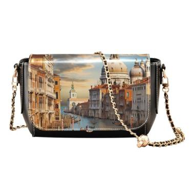 Imagem de Noite estrelada com areia e lua PU bolsa de ombro para mulheres, bolsas de ombro para mulheres, bolsas de ombro de couro, Casas em cada lado da água 3, One Size