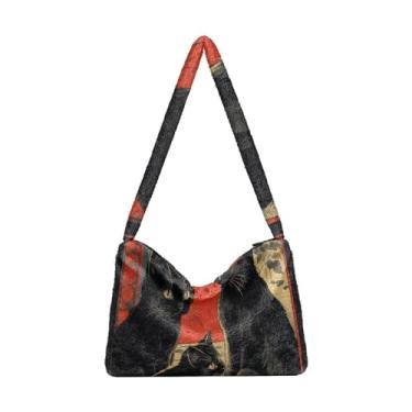 Imagem de Bolsa de ombro feminina de gato preto com desenho decorativo, sacola com fecho de zíper, bolsas de ombro femininas, Gato preto abstrato vermelho retrô, One Size
