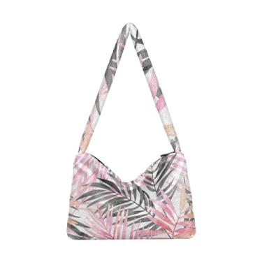 Imagem de Bolsa de ombro com folhas tropicais aquarela, bolsa sacola com zíper, bolsa de ombro média para mulheres, Folhas tropicais em aquarela, One Size