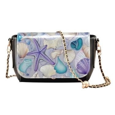 Imagem de GAIGEO Aquarela Cupcakes Bolsa feminina de couro com zíper, bolsa de ombro média para mulheres, Conchas e estrelas do mar em azul e cinza - 1, One Size