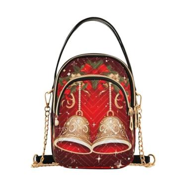 Imagem de Bolsa tiracolo feminina de folha tropical azul e verde, pequena tiracolo com corrente dourada, bolsas de ombro transversais, Merry Christmas With Bells and Baubles-4, One Size