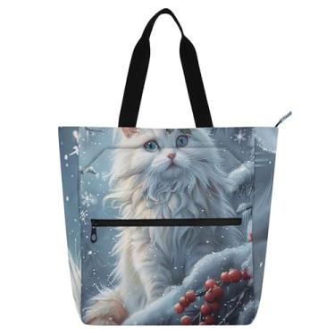 Imagem de Bolsa feminina com paisagem de neve de gato, bolsa escolar de lona com zíper, bolsas infantis fofas, presentes para amantes de livros