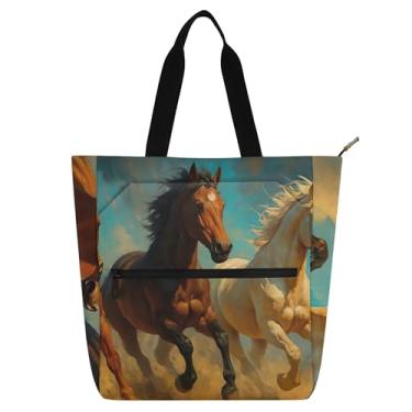 Imagem de Bolsa feminina Cool Horses de lona para escola, praia, escola, bolsa média, presente para amantes de livros
