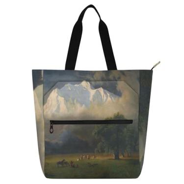 Imagem de GAIGEO Bierstadt Albert Mount Adams Bolsa de trabalho de paisagem para mulheres, bolsa escolar de lona com zíper, presente para professores para amantes de livros