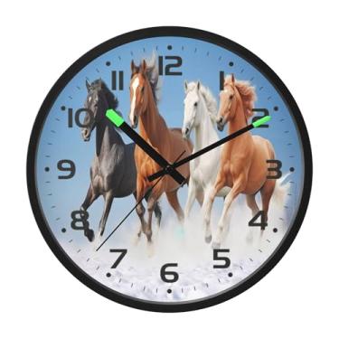 Imagem de SEHANY Relógio de parede artístico majestoso cavalos silencioso, sem tique-taque, relógio redondo operado por bateria, controle de som, luz noturna, relógios de parede para sala de estar, cozinha