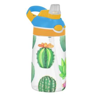 Imagem de Garrafa de água esportiva infantil Tritan de 473 ml com tampa de canudo garrafa de água à prova de vazamento para escola reutilizável copo infantil de 473 ml, alça de transporte, cactos suculentas