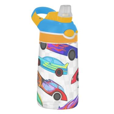 Imagem de Garrafa de água infantil de carros de corrida de desenhos animados coloridos para escola, 473 ml Tritan 473 ml Garrafa de água esportiva com canudo, copo infantil reutilizável portátil, alça de