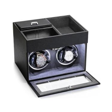 Imagem de J&T Technology Enrolador de relógio para relógios automáticos – motor japonês, enrolador automático de relógio com luz LED, enrolador duplo de relógio com bandeja organizadora de joias, presente para