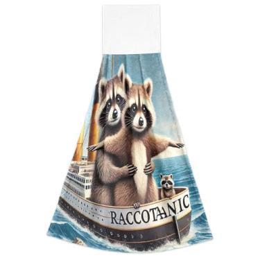 Imagem de Joisal Lindas toalhas de mão de guaxinim Titanic Spring com laços para pendurar, conjunto de 2 toalhas de gravata de forno macias e absorventes, toalhas de mão de cozinha fofas 45 x 35 cm