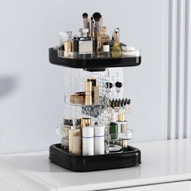 Imagem de Organizador de maquiagem giratório de 360° para bancada, armazenamento de cosméticos e cuidados com a pele em camadas de altura ajustável, visor de perfume transparente com suporte de pincel