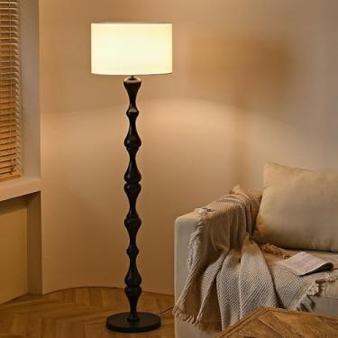 Imagem de Luminária de chão com cúpula de tecido, estilo clássico, em madeira, com haste de canto, decorativa e vertical, ideal para sala de estar, leitura em ambientes internos, quarto e escritório.