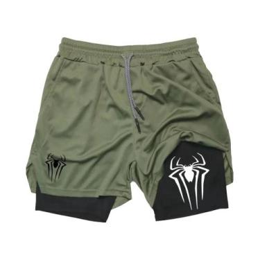 Imagem de Shorts Esportivos Masculinos Com Estampa De Aranha, Compressão 2 Em 1,