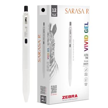 Imagem de Zebra Pen Caneta de gel retrátil Sarasa R, ponta extrafina, 0,4 mm, material escolar e diário, aderência de borracha, clipe para fichário, tinta preta resistente à água, pacote com 12 (47710)