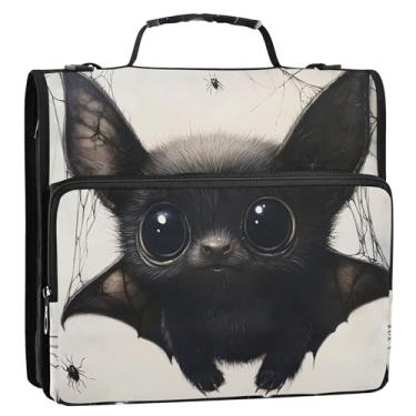 Imagem de 3 argolas para fichários de 3 anéis, anel D para Dia das Bruxas assustador com zíper de morcego, bolsa escolar com alça de ombro para documentos, vários bolsos, pasta grande para portfólio