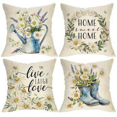 Imagem de Fjfz Capas de almofada decorativas primavera verão margarida 18 x 18 conjunto de 4, casa doce lar floral grinalda regador botas varanda decoração de casa, Live Laugh Love fazenda sofá capa de almofada