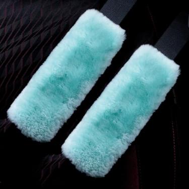 Imagem de OGLAND Pacote com 2 almofadas para cinto de segurança de carro de pele de carneiro para adultos, textura macia, protetor de almofada de ombro e pescoço, capa genuína de lã merino australiana (verde