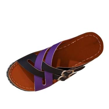 Imagem de Sandálias femininas de praia com salto cunha combinando cores elegantes e confortáveis para o verão, Roxa, 34