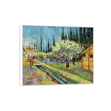 Imagem de BMZFYBS Vincent van Gogh Famosa pintura em tela de arte de parede pronta para pendurar. Pomar de flores. Imagem em moldura branca para decoração de sala de estar 70 x 85 cm 27 x 33 pol