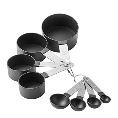 Imagem de Conjunto de 8 colheres medição e xícaras para ingredientes secos líquidos utensílios panificação cozinha em aço inoxidável com cabo útil design humani