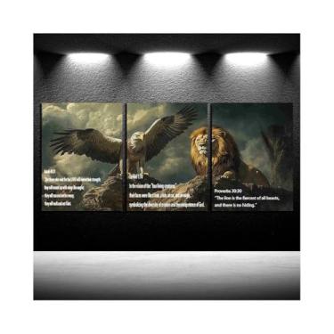 Imagem de 3 peças de arte de parede em tela com tema cristão com águias e leões pôsteres de versículo da Bíblia poderosas escrituras galeria decoração de casa adequada para salas de estar, quartos, igrejas e