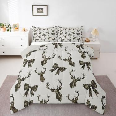 Imagem de Feelyou Jogo de cama queen de camuflagem de caça de veado, para meninos, crianças e adolescentes, com laço camuflado, vintage, verde, com 1 edredom e 2 fronhas