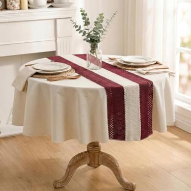 Imagem de Horaldaily Toalha de mesa vermelha redonda de 152 x 152 cm, toalha de mesa de linho de algodão rústico, sem vincos, capa de mesa estilo casa de fazenda para decoração de festa em casa