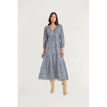 Imagem de The Good Journey Vestido maxi feminino boho floral gola V manga 3/4 para convidados de casamento e ocasiões de primavera, Azul-marinho, G