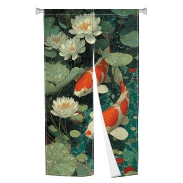 Imagem de XMJJKUF Cortina Japonesa Noren Tapeçaria de Porta Padrão de Lótus Chinês Tratamento de Janela Kio Painel de Cortina de Porta de Peixe Japonês para Quarto Privacidade Divisor Cozinha Decorações de Casa