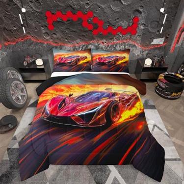 Imagem de jejeloiu Conjunto de cama infantil de carro de corrida, macio, para meninos e meninas, vermelho, edredom de microfibra, refrescante, carro, decoração de quarto, 2 peças com 1 fronha