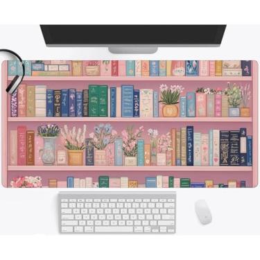 Imagem de Tapete de mesa estético para livros florais rosa, 2GG, estante de flores, grande, mouse pad estendido para jogos, trabalho, escritório, computador, notebook, teclado, tapete de mesa 90,9 x 39,9 cm