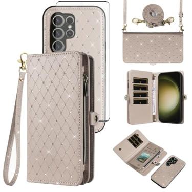 Imagem de Capa de celular para Samsung Galaxy S23 Ultra 5G com zíper carteira de celular com alça protetora de tela de vidro temperado com glitter flip compartimento para cartão S23Ultra 23S S 23 23Ultra 17.3