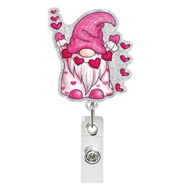 Imagem de Porta-crachá retrátil para Dia dos Namorados, Papai Noel, com prendedor de crachá de chapéu com clipe de cinto seguro para chaves, corações rosa, porta-cartões de identificação resistentes para