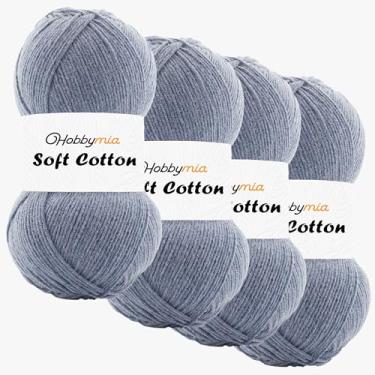 Imagem de HobbyMia Fio de algodão macio para crochê - 100 g / 361 jardas - 55% algodão / 45% acrílico - (2) peso fino esportivo (cinza - azul acinzentado, 4 novelos)
