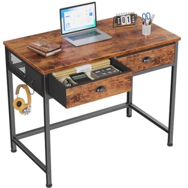 Imagem de Furologee Mesa de computador pequena com 2 gavetas de tecido para quarto, mesa de escrita, escritório doméstico de 86 cm, penteadeira com ganchos, mesa de estudo simples para pequenos espaços