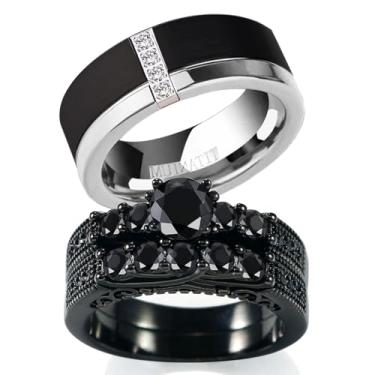 Imagem de Ringskull Anéis de casal pretos combinando três pedras CZ preto conjuntos de alianças de casamento para ele e para ela homens alianças de casamento, women size9 & men size10, Metal, Zircônia cúbica