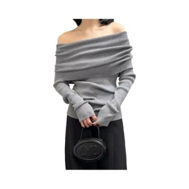 Imagem de Suéter De Tricô Feminino Ombro a Ombro Outono Inverno Elegante Vintage