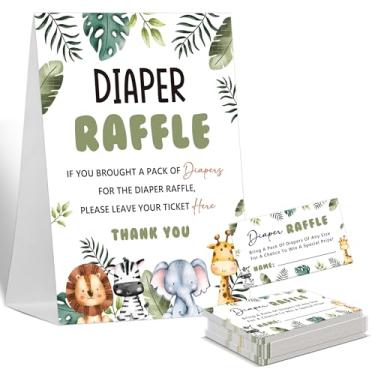 Imagem de Sxurt Sorteio de fraldas para chá de bebê, 1 placa e 50 cartas, safári selva animal selvagem sorteio de fraldas bilhetes para chá de bebê, decoração de gênero neutro revelação de gênero jogos de
