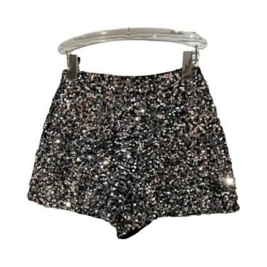 Imagem de Shorts Femininos De Veludo Preto Com Lantejoulas Brilhantes De Cintura